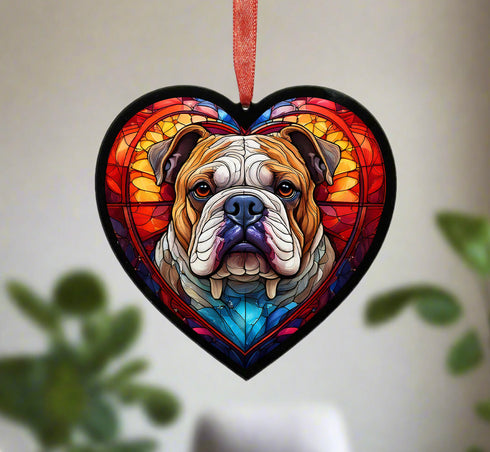 Bulldog Stained Glass Effect Heart Suncatcher